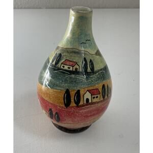 Painted Vase Folk Art Multicolor Countryside Village 7" Tall Home Decor‎